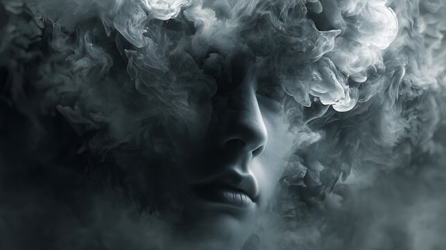 a human face surrounded by swirling smoke forming whispering mouths, symbolizing anxiety and intrusive thoughts, dark gray tones, cinematic realism &mdash; v 7 
