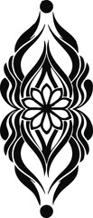 Elegant black floral ornamental design with symmetrical curves and a central bloom.