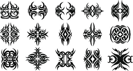 Collection of diverse tribal tattoo designs, intricate black ink patterns for body art