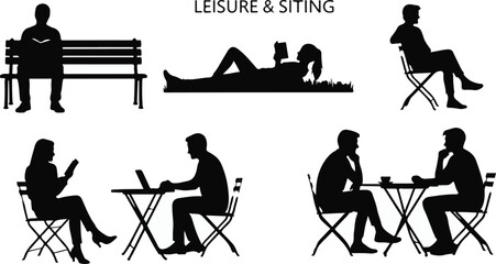 Silhouettes of people enjoying leisure activities like reading, working, and socializing outdoors.