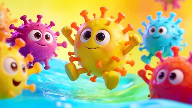 Adorable cartoon viruses with big eyes, arms, and legs joyfully dancing and partying in vibrant colors on a bright yellow background
