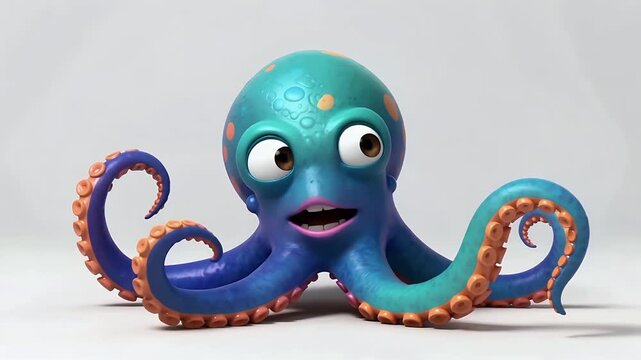 Playful blue cartoon octopus character on white background.