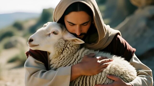 Jesus holds a gentle lamb, symbolizing Jesus as the Good Shepherd. A Christian concept for religious education, Easter, or faith-based messaging.