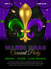 mardi gras carnival party poster with lily and purple curtain with gold glitters © Angelica