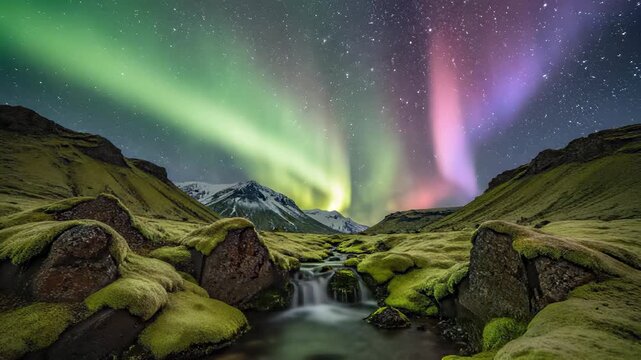 Tranquil stream meanders through lush green valley, as serene aurora borealis casts ethereal glow over picturesque landscape, capturing essence of peaceful escapism perfect for conveying sense.