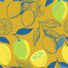 Seamless pattern with lemon fruits and branches. Vector illustration in contemporary hand-drawn bold style.