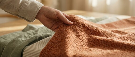 Person's hand gently feeling the rough texture of a terracotta-colored fabric, choosing from a stack of natural textiles for home decor in a room with soft, warm sunlight