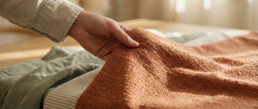 Person's hand gently feeling the rough texture of a terracotta-colored fabric, choosing from a stack of natural textiles for home decor in a room with soft, warm sunlight