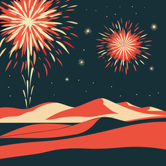 New Year Fireworks Over Desert Dunes at Night
