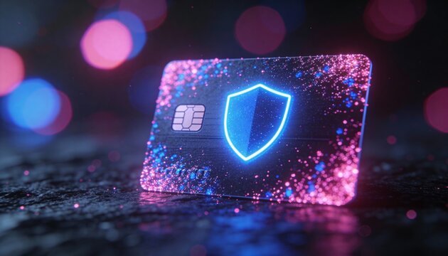credit card protected by digital shield, cyber security concept, holographic particles, glowing blue and purple light, futuristic fintech protection  - Powered by Adobe