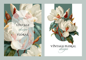 Vector illustration with with blooming magnolia flowers isolated on a changeable background. Floral design template for wedding invitation, greeting card, notebook cover, flyer or banner. © Anna