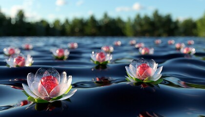 Magical crystal lotus flowers with glowing red buds float peacefully on a serene blue lake with a blurred forest background in soft daylight