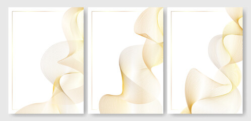 Golden wavy lines on white premium flyer card. Calendar luxury cover, oil gala invitation. Medicine corporate gold award. Abstract gift certificate template.