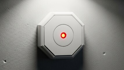 White octagonal device with a central red glowing light mounted on a textured wall under a spotlight