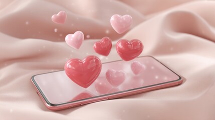 Smartphone with pink and red hearts floating out of screen, symbolizing digital love, social media engagement and online emotional connection.
