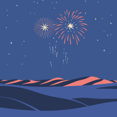 New Year Fireworks Over Desert Dunes at Night