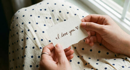 A person wearing a polka-dot dress holds a small piece of torn paper with a handwritten "I love you" message near a window.