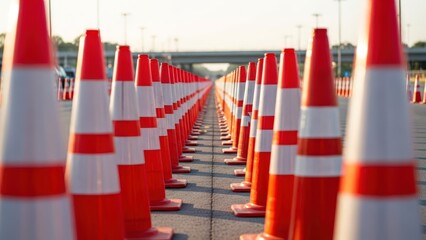 A long double line of vibrant orange and white traffic cones stretches into the distance on an asphalt surface