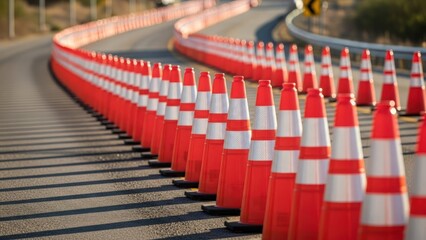 Obraz premium Long rows of orange and white traffic cones delineate a winding road, suggesting construction or caution