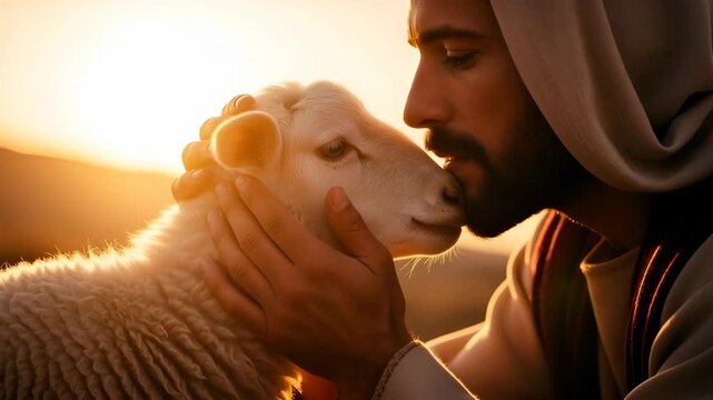 Jesus holds a gentle lamb, symbolizing Jesus as the Good Shepherd. A Christian concept for religious education, Easter, or faith-based messaging.
