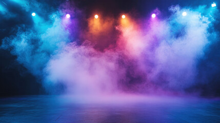 Fototapeta premium Stage smoke light colorful fog spotlight empty performance theater dramatic stage smoke colorful spotlight and fog empty theater floor with moody atmosphere and soft gradient background perfect