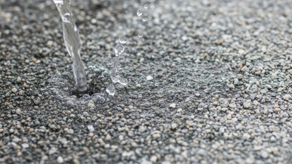 Clear water stream splashes onto a textured surface of countless small grey and black pebbles, creating a ripple