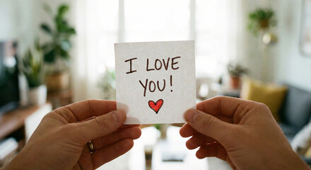 A first-person perspective shows two hands holding a small square piece of paper with the romantic handwritten message "I LOVE YOU!" and a red heart icon.