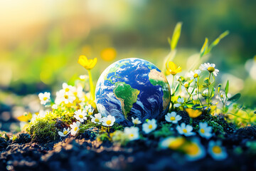 Earth globe surrounded by flowers and grass. Symbol of ecology, sustainability, environmental protection and natural balance
