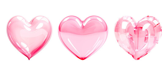Set of pink glossy hearts symbolizing love and romance, isolated on transparent background