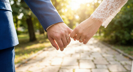 Newlywed couple holding hands on sunlit path, bride and groom in formal wedding attire walking along a stone path