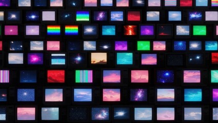 Dense grid of small screens, each showing unique digital imagery colorful skies, galaxies, and abstract patterns
