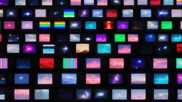 Dense grid of small screens, each showing unique digital imagery colorful skies, galaxies, and abstract patterns - Powered by Adobe