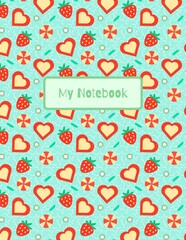 Notebook cover art with seamless hearts and strawberries pattern - Valentine's day themed cover art for personal notebook, journal, and planner