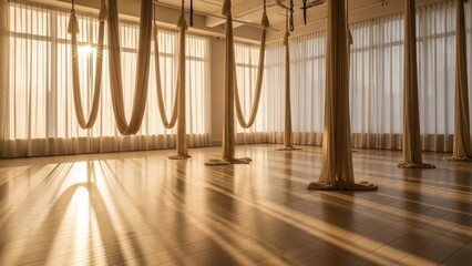 Sunlit aerial studio with wooden floor, sheer curtains, and fabric hammocks casting long, warm shadows