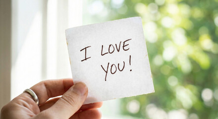 A close-up shot shows a hand holding a small square piece of paper with the words "I LOVE YOU!" written in black ink against a soft, blurred green background.
