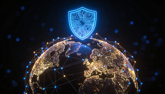 Digital globe with connected fintech nodes, protected by holographic credit card shield, glowing blue cyber network  - Powered by Adobe