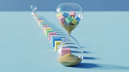 Vibrant cubes and sand fall through an hourglass, with a trailing line of blocks on a serene blue surface
