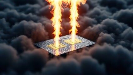 Digital circuit board with twin golden contacts unleashing fiery energy, surrounded by dark, smoky clouds