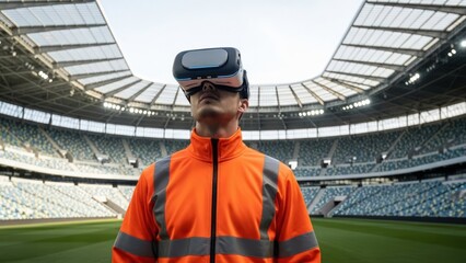 Man wearing virtual reality headset and orange safety jacket standing in an empty sports arena
