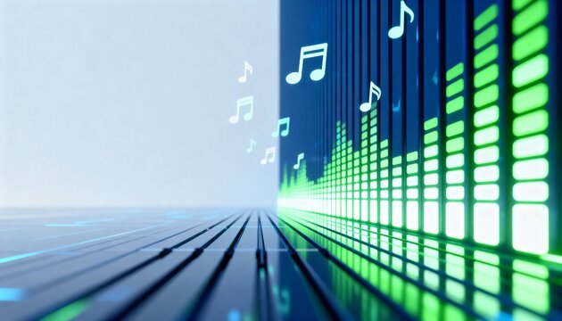 Digital music equalizer with floating notes and neon green sound waves. Audio spectrum analyzer background with copy space. 3D illustration of rhythm and technology concept - Powered by Adobe