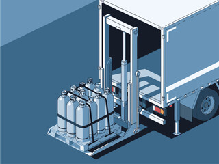 A stylized illustration depicts a truck platform loading cryogenic tanks. Clean lines and a modern aesthetic highlight efficient logistics. Ideal for business and transport themes.