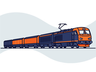A vibrant electric train travels across a stylized landscape. Bold orange and blue colors create a modern, eye-catching illustration perfect for trade and transport themes. © Vector Factory