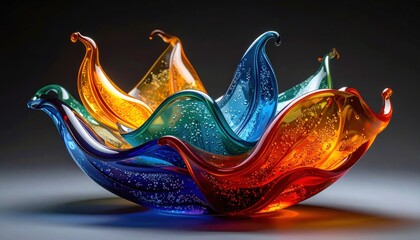 Handmade decorative glass bowl with colorful translucent layers and internal bubbles shaped like abstract flower petals