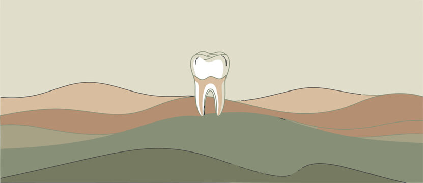 A stylized tooth illustration atop a layered landscape, symbolizing strength from within. Minimalist design with earthy tones and a clear focal point. Suitable for health, wellness, and dental themes.