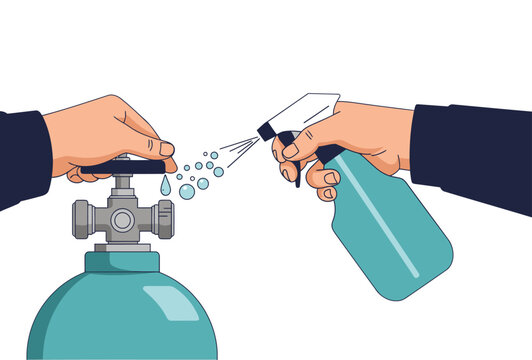 A technician performs a leak test on a gas cylinder valve with a spray bottle. ?Leak Test Passed? label indicates success. Clean, professional illustration.
