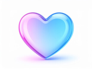Glossy translucent heart with smooth 3D glass‑like texture and a pink‑to‑blue gradient on a white background, symbolizing love, care, romance, emotion, and modern digital design.