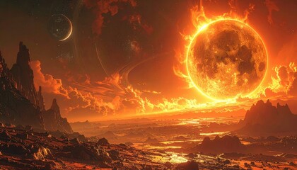 Lava like desert landscape under scorching giant sun with celestial rings and distant planet in orange glowing atmosphere
