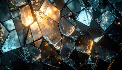 Shattered pieces of broken glass and mirror shards scattered across a surface reflecting warm golden sunlight and cool blue shadows