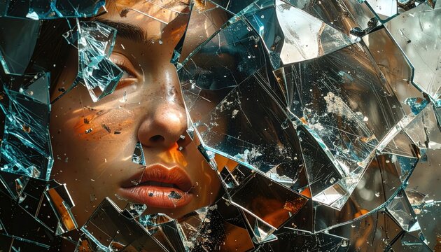 Close up portrait of womans face seen through shattered glass shards with golden light and sharp reflections - Powered by Adobe