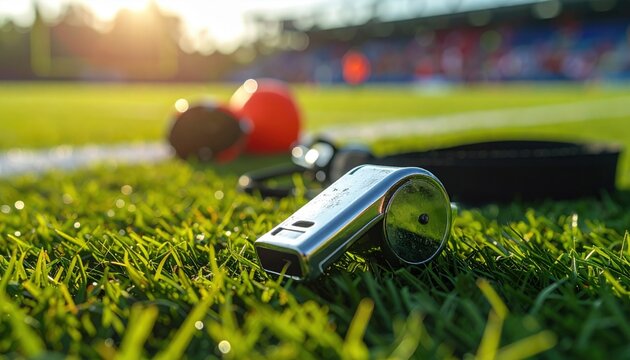 Silver metal whistle lying on green grass of sports field with blurred red cones and stadium seating in background